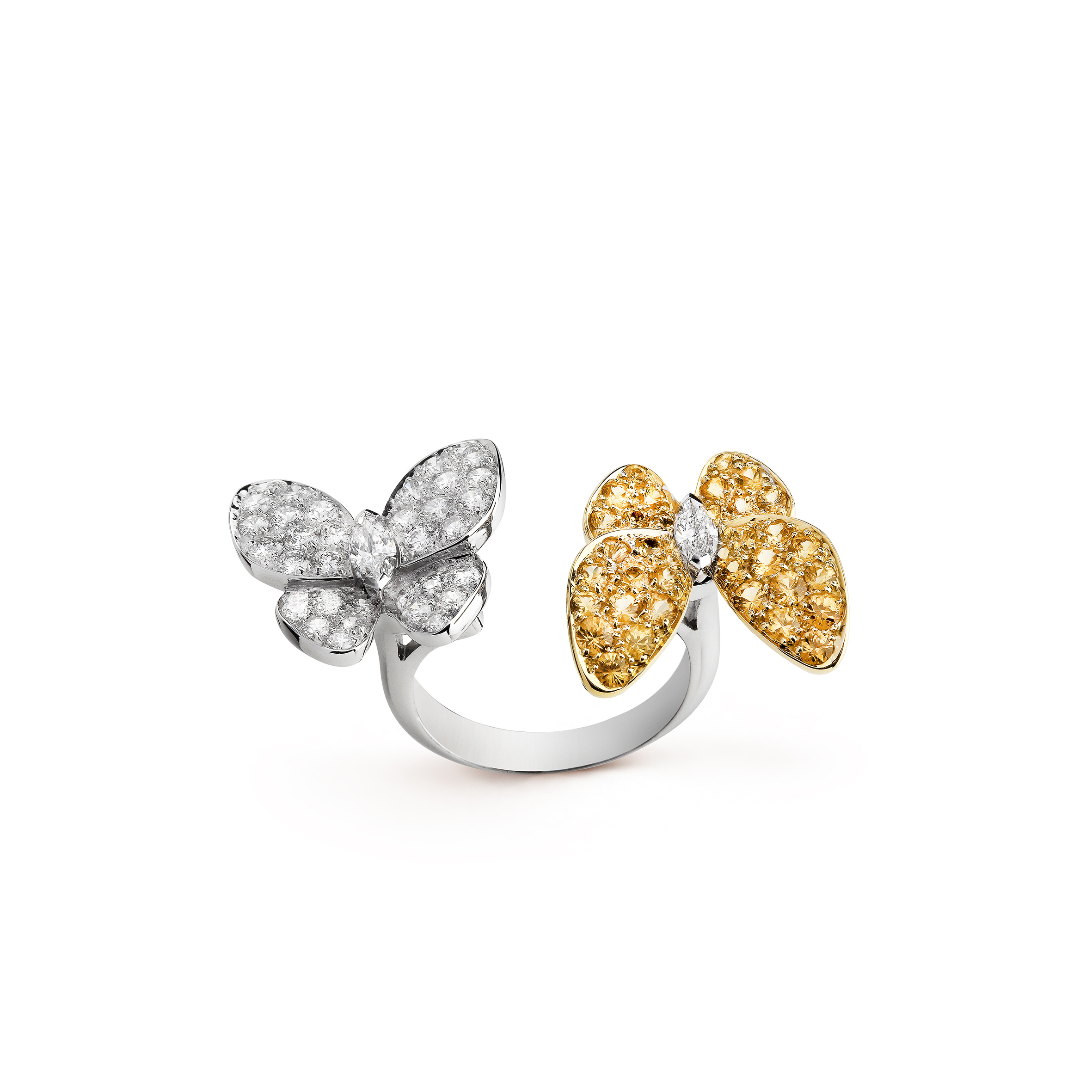 VAN CLEEF ARPELS TWO BUTTERFLY BETWEEN THE FINGER RING - WHITE GOLD, DIAMOND, SAPPHIRE  VCARA13600